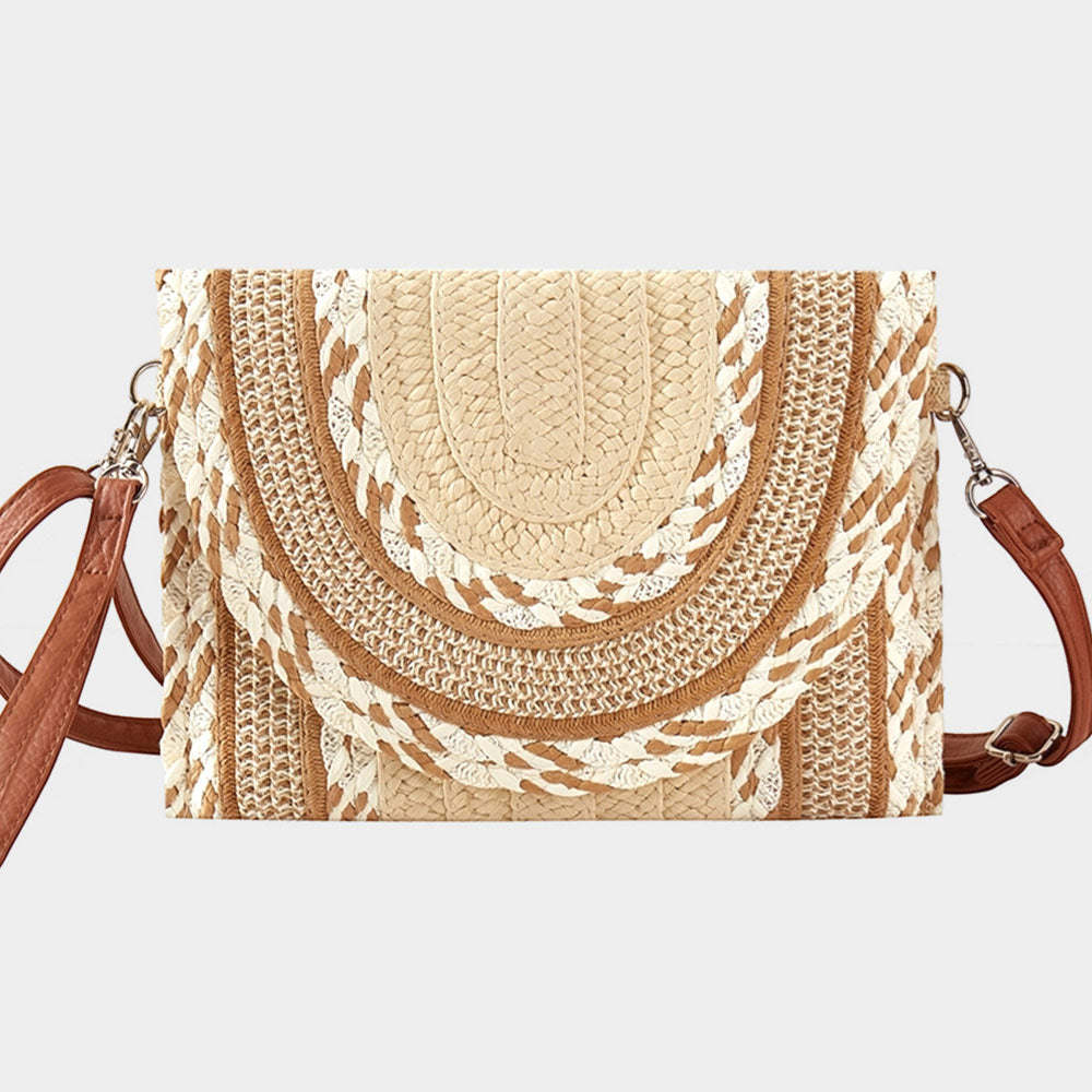 Madeline Love Beige Multi Pattern Straw Clutch / Crossbody Bag - Bags & Wallets