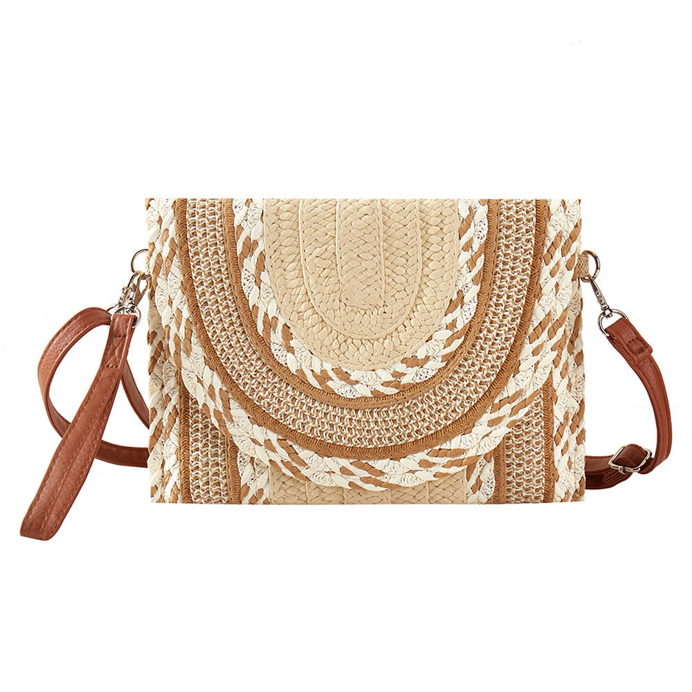 Madeline Love Beige Multi Pattern Straw Clutch / Crossbody Bag - Bags & Wallets - desc
