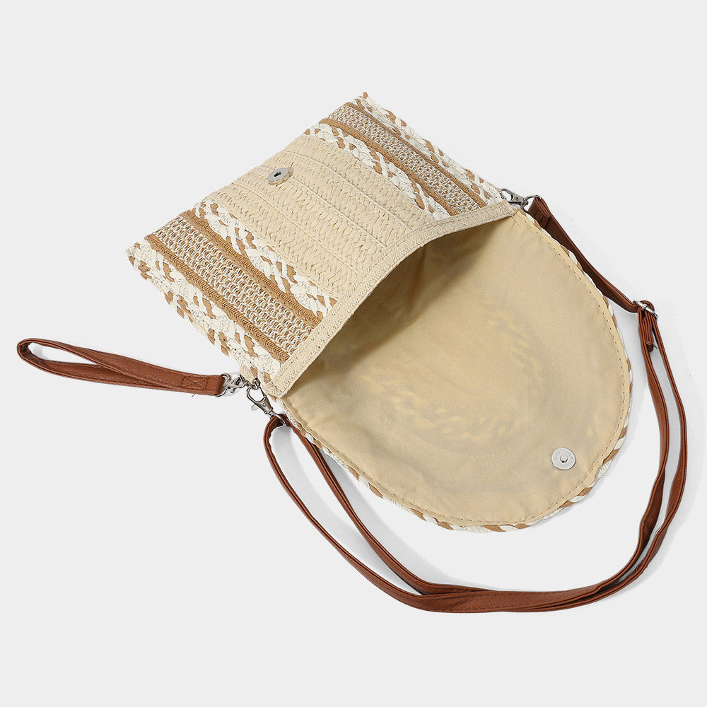 Madeline Love Beige Multi Pattern Straw Clutch / Crossbody Bag - Bags & Wallets - extra
