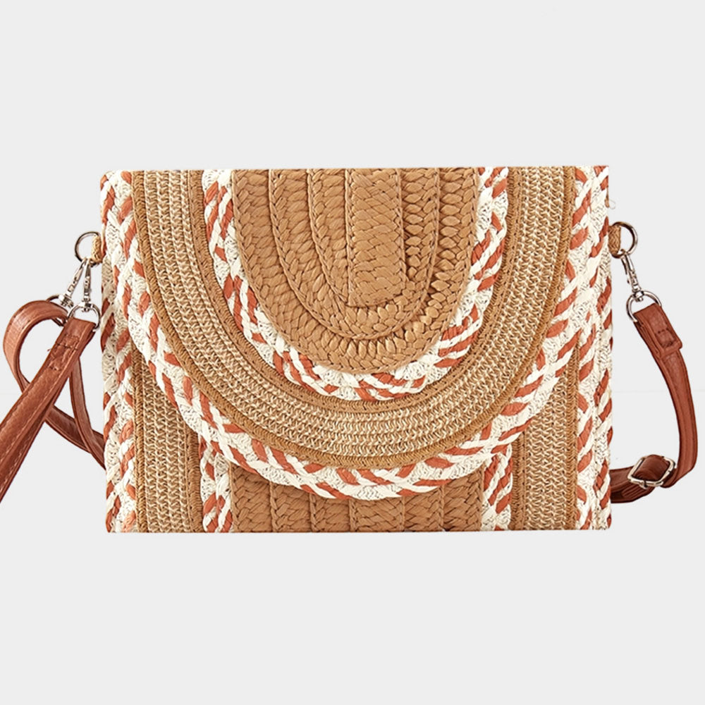 Madeline Love Taupe Multi Pattern Straw Clutch / Crossbody Bag - Bags & Wallets