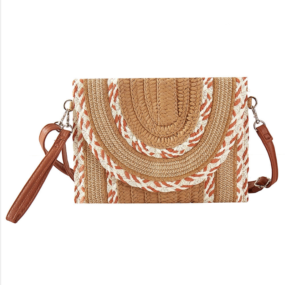 Madeline Love Taupe Multi Pattern Straw Clutch / Crossbody Bag - Bags & Wallets - desc