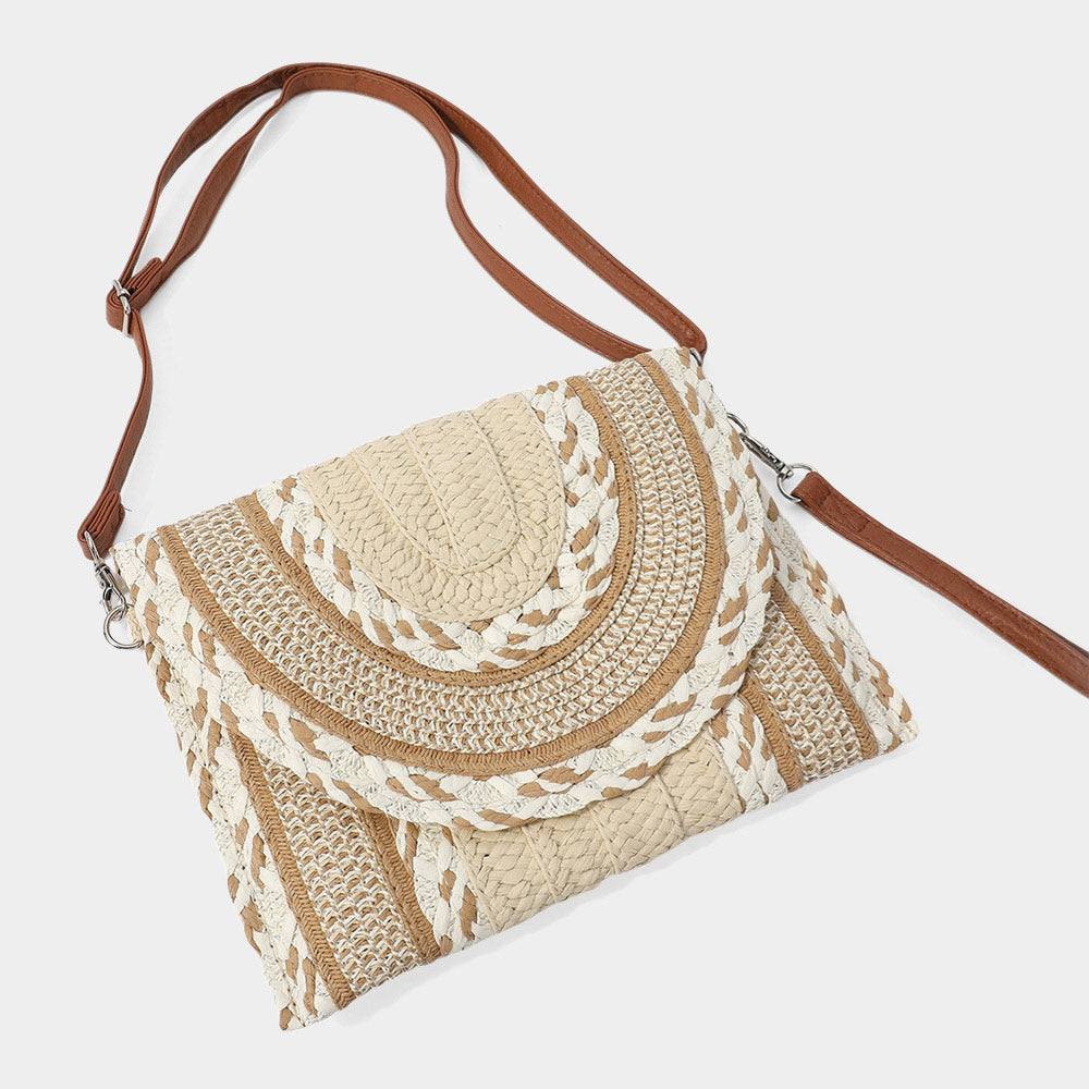 Madeline Love Taupe Multi Pattern Straw Clutch / Crossbody Bag - Bags & Wallets - extra