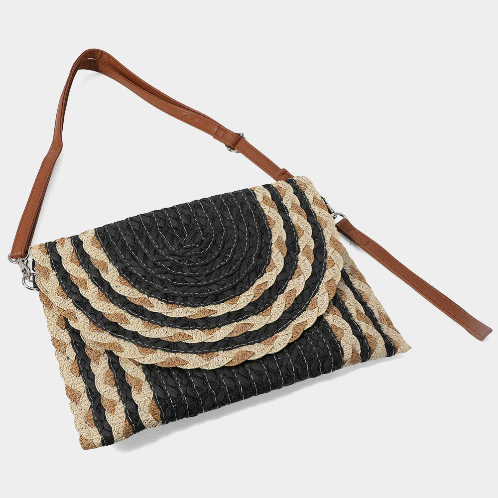 Madeline Love Beige Mixed Color Detail Straw Clutch / Crossbody Bag - Bags & Wallets - extra