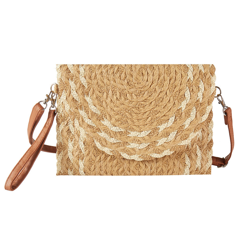 Madeline Love Taupe Mixed Color Detail Straw Clutch / Crossbody Bag - Bags & Wallets - desc