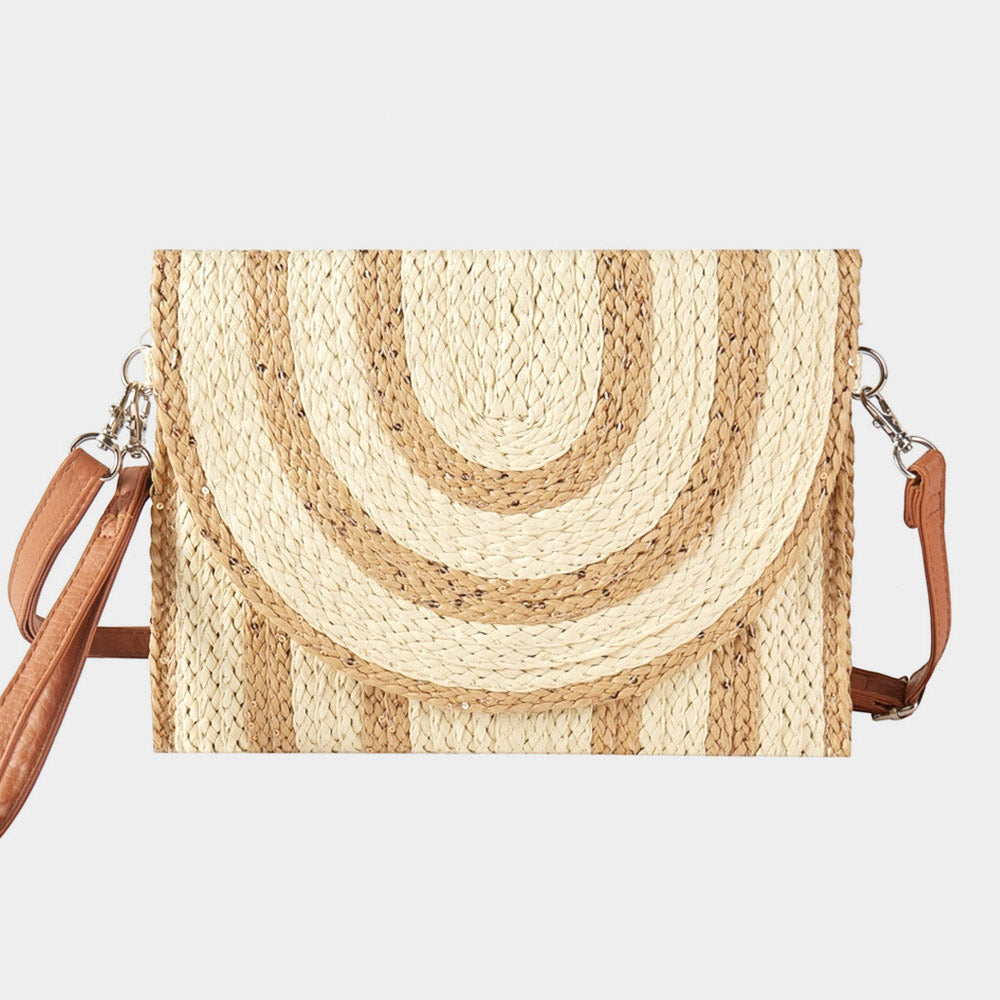Madeline Love Beige Sequin Mixed Two Tone Straw Clutch Bag / Crossbody Bag - Bags & Wallets