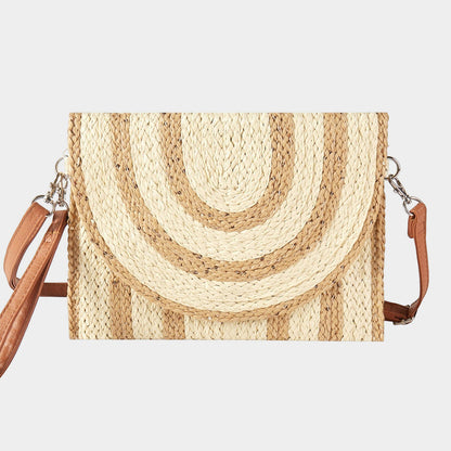 Madeline Love Beige Sequin Mixed Two Tone Straw Clutch Bag / Crossbody Bag - Bags & Wallets