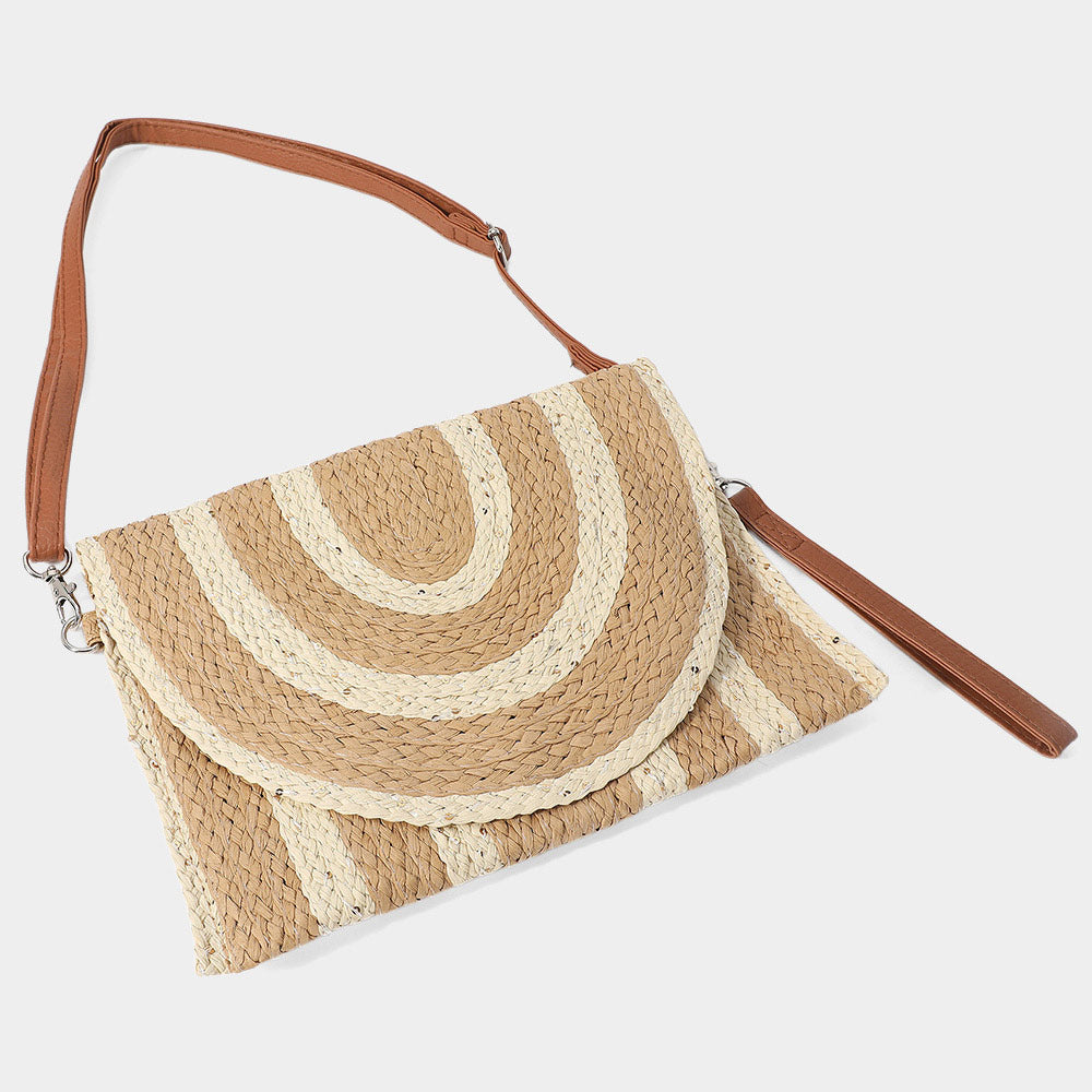 Madeline Love Taupe Sequin Mixed Two Tone Straw Clutch Bag / Crossbody Bag - Bags & Wallets - extra
