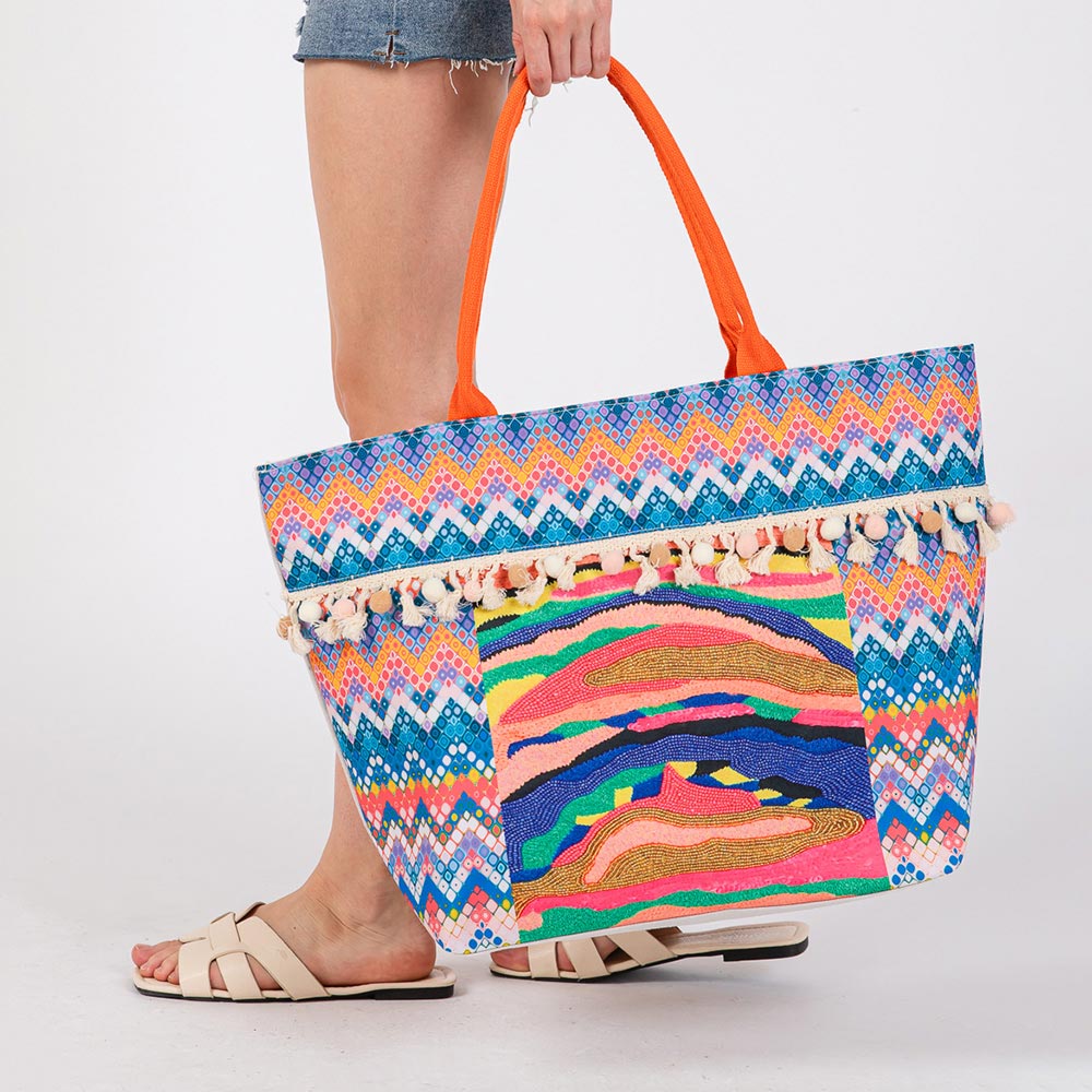 Madeline Love Multi, Orange Boho Print Pom Pom Fringe Tote Bag - Bags & Wallets - extra