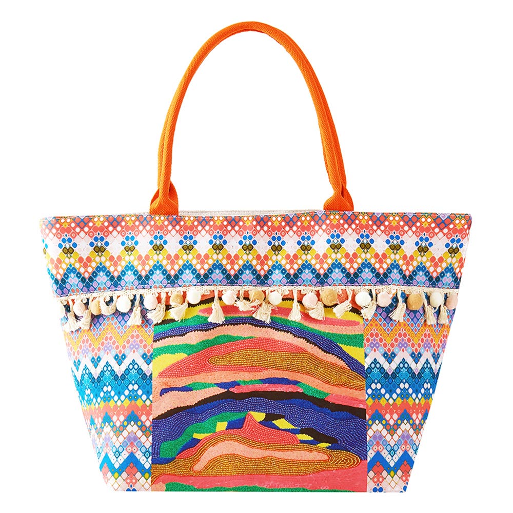 Madeline Love Multi, Orange Boho Print Pom Pom Fringe Tote Bag - Bags & Wallets - extra