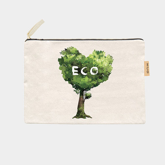Madeline Love Green Eco Message Heart Tree Printed Cotton Canvas Eco Pouch Bag - Bags & Wallets