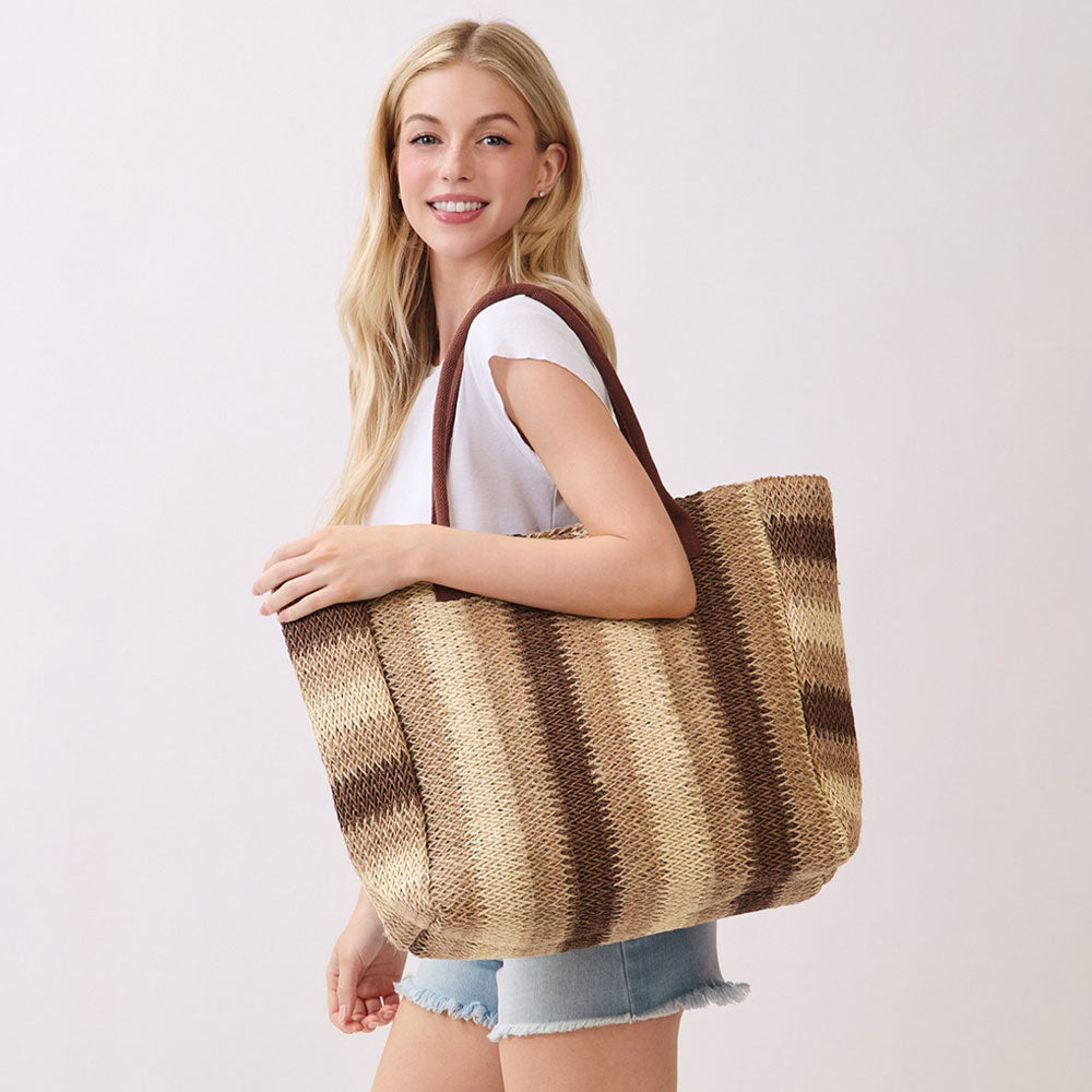 Madeline Love Brown Natural Multi Color Stripe Straw Tote Bag - Bags & Wallets