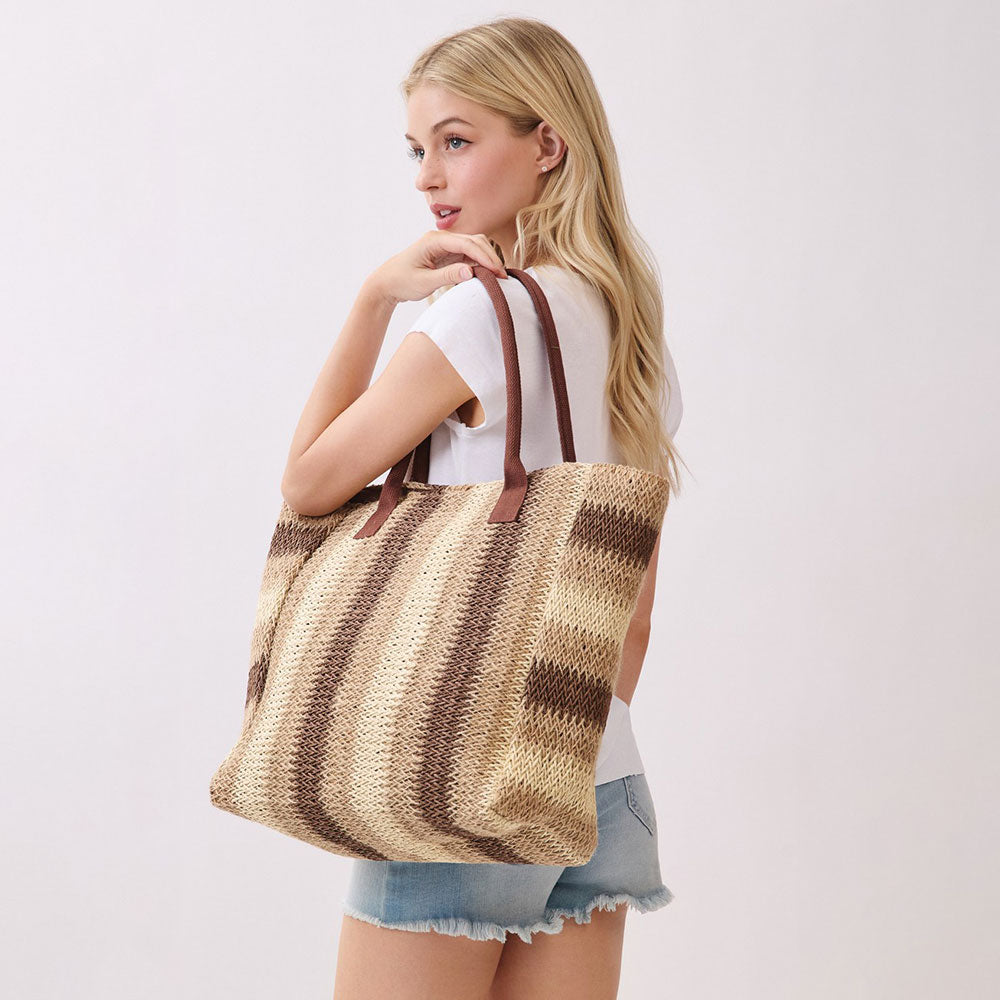 Madeline Love Brown Natural Multi Color Stripe Straw Tote Bag - Bags & Wallets - extra