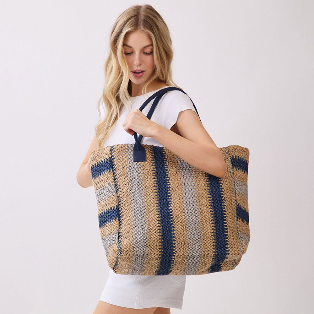 Madeline Love Navy Natural Multi Color Stripe Straw Tote Bag - Bags & Wallets