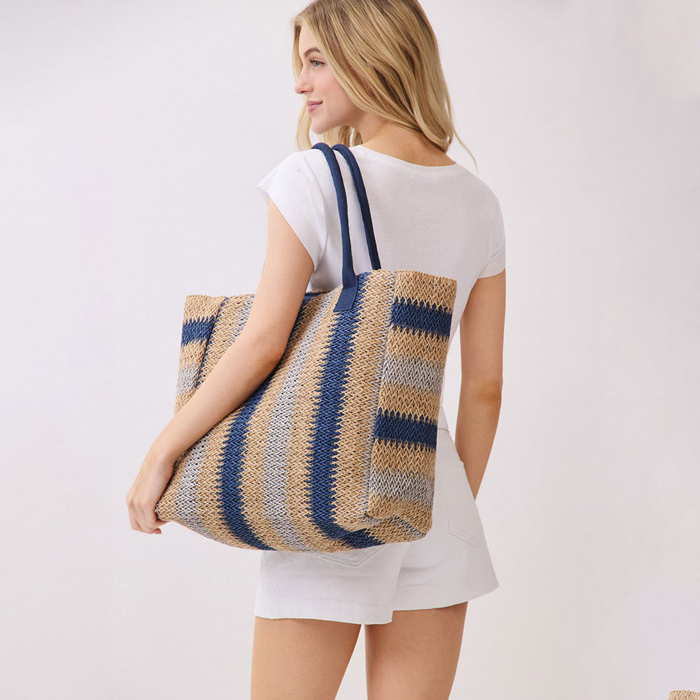 Madeline Love Navy Natural Multi Color Stripe Straw Tote Bag - Bags & Wallets - extra