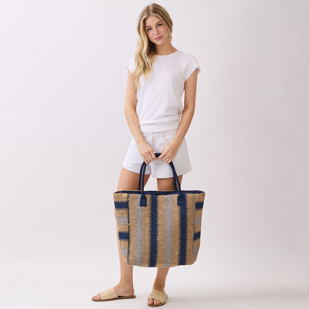 Madeline Love Navy Natural Multi Color Stripe Straw Tote Bag - Bags & Wallets - extra