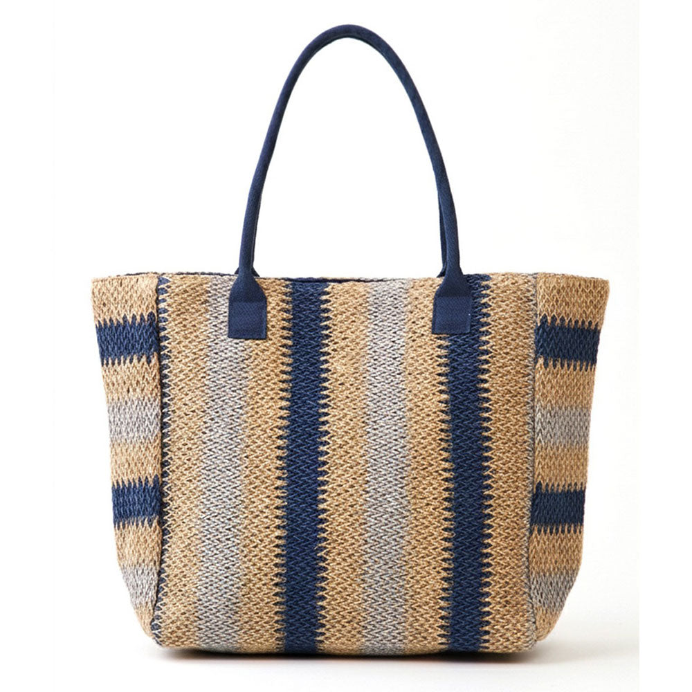 Madeline Love Navy Natural Multi Color Stripe Straw Tote Bag - Bags & Wallets - extra