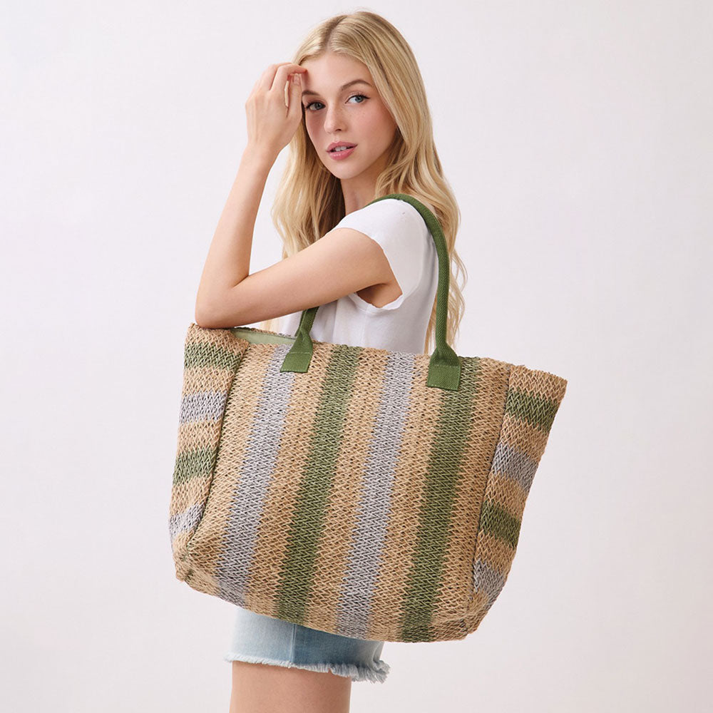 Madeline Love Olive Green Natural Multi Color Stripe Straw Tote Bag - Bags & Wallets