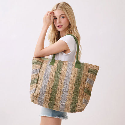 Madeline Love Olive Green Natural Multi Color Stripe Straw Tote Bag - Bags & Wallets