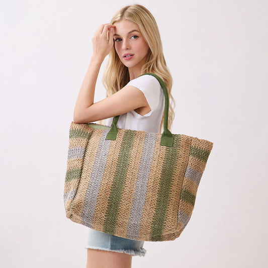 Madeline Love Olive Green Natural Multi Color Stripe Straw Tote Bag - Bags & Wallets