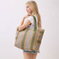 Madeline Love Olive Green Natural Multi Color Stripe Straw Tote Bag - Bags & Wallets - desc