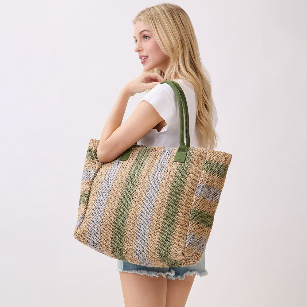 Madeline Love Olive Green Natural Multi Color Stripe Straw Tote Bag - Bags & Wallets - desc