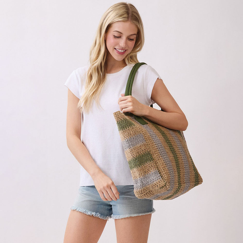 Madeline Love Olive Green Natural Multi Color Stripe Straw Tote Bag - Bags & Wallets - extra