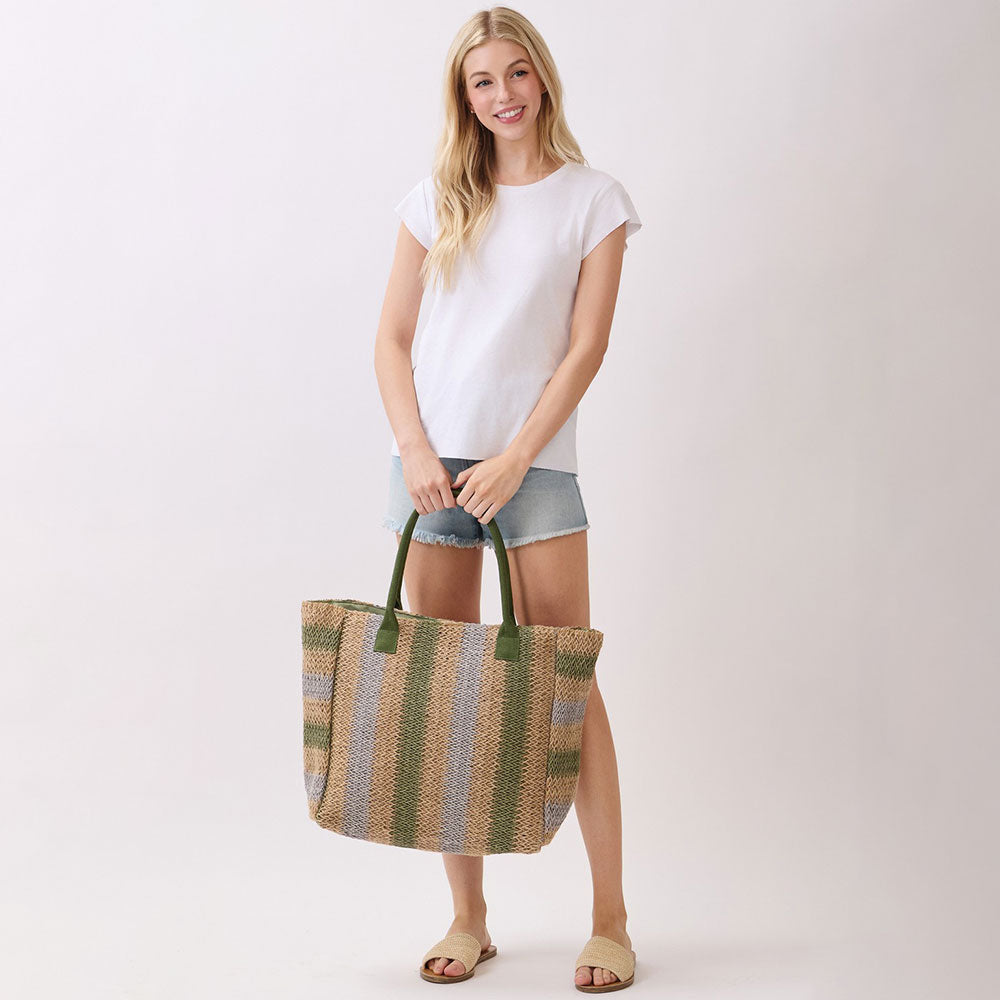 Madeline Love Olive Green Natural Multi Color Stripe Straw Tote Bag - Bags & Wallets - extra