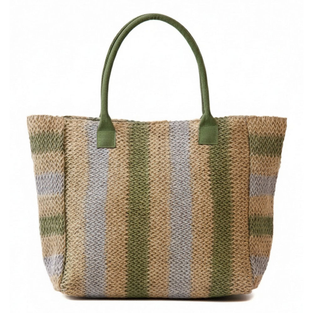 Madeline Love Olive Green Natural Multi Color Stripe Straw Tote Bag - Bags & Wallets - extra