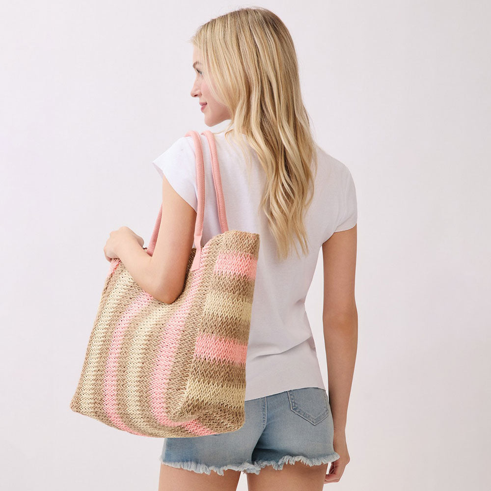Madeline Love Pink Natural Multi Color Stripe Straw Tote Bag - Bags & Wallets - extra