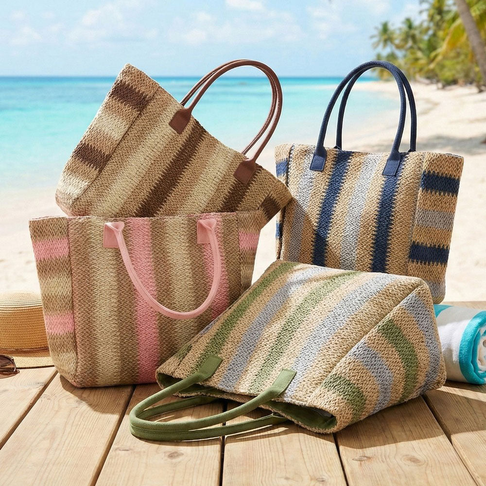 Madeline Love Pink Natural Multi Color Stripe Straw Tote Bag - Bags & Wallets - extra