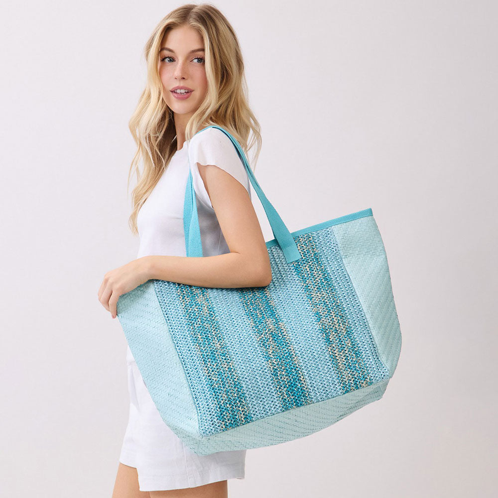 Madeline Love Aqua Nautical Stripe Tote Bag - Bags & Wallets - desc