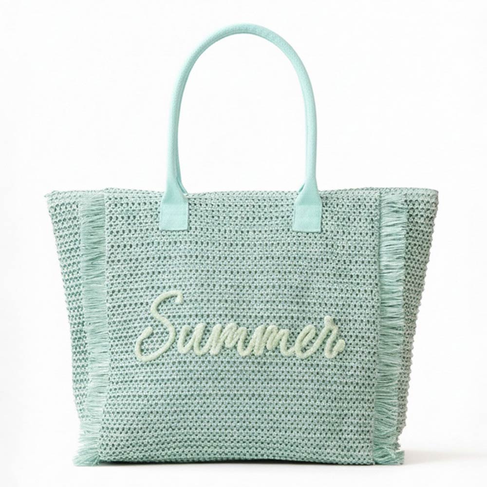 Madeline Love Mint SUMMER Embroidery Woven Straw Fringe Tote Shoulder Bag - Bags & Wallets - extra