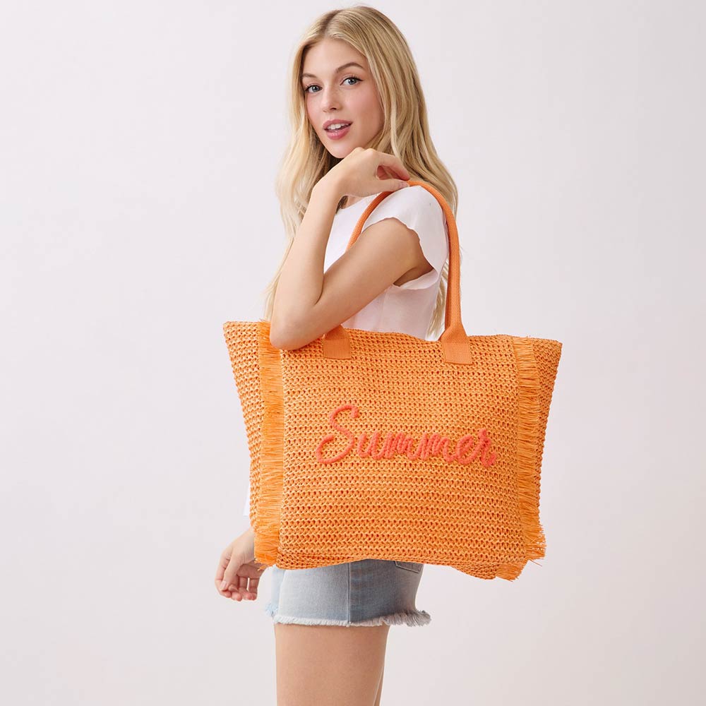 Madeline Love Orange SUMMER Embroidery Woven Straw Fringe Tote Shoulder Bag - Bags & Wallets - desc