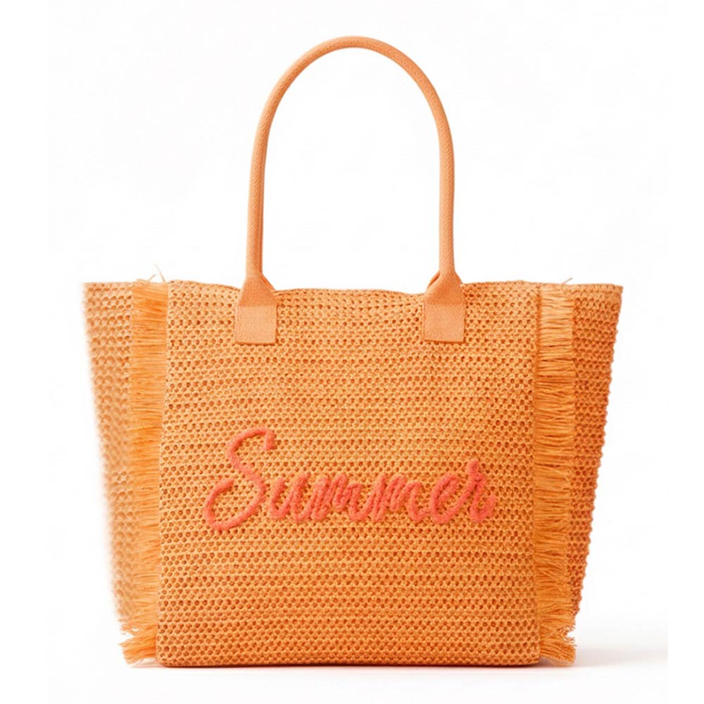 Madeline Love Orange SUMMER Embroidery Woven Straw Fringe Tote Shoulder Bag - Bags & Wallets - extra