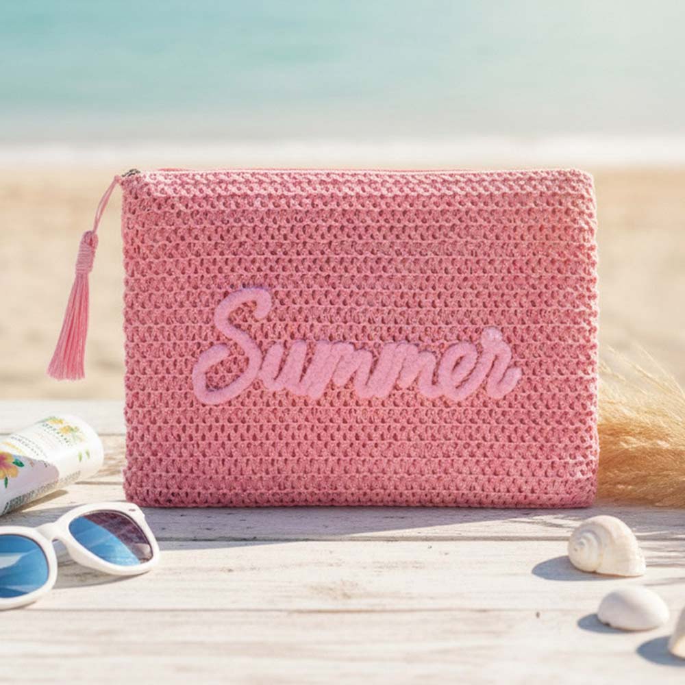 Madeline Love Pink SUMMER Embroidery Woven Straw Pouch Bag - Bags & Wallets