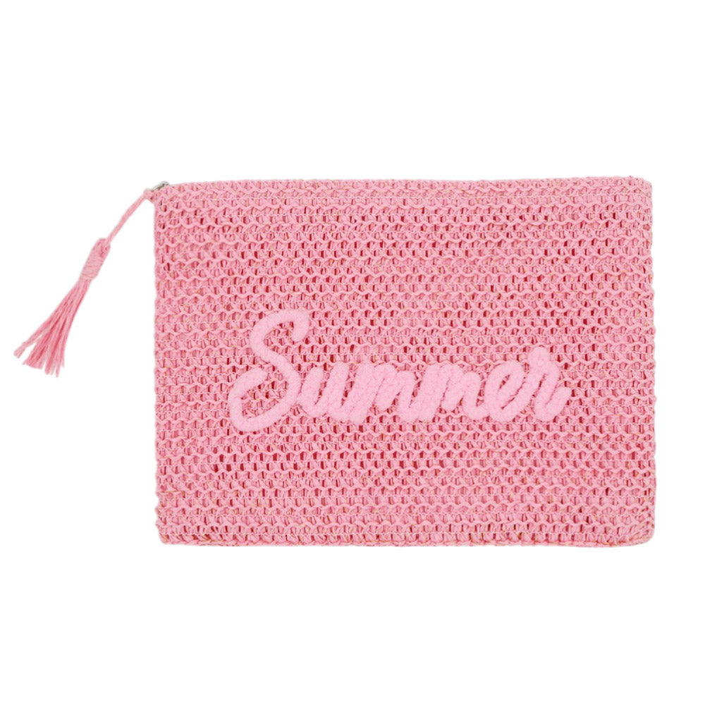Madeline Love Pink SUMMER Embroidery Woven Straw Pouch Bag - Bags & Wallets - extra