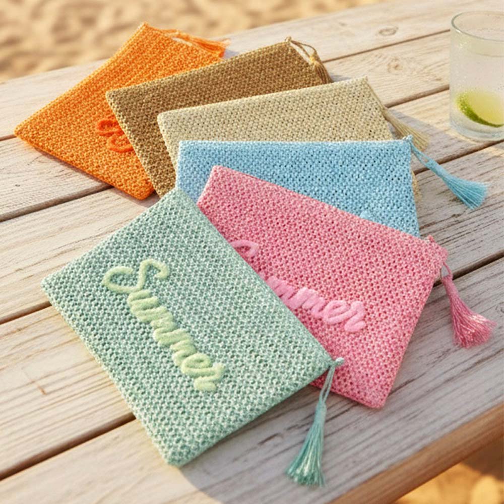 Madeline Love Pink SUMMER Embroidery Woven Straw Pouch Bag - Bags & Wallets - extra
