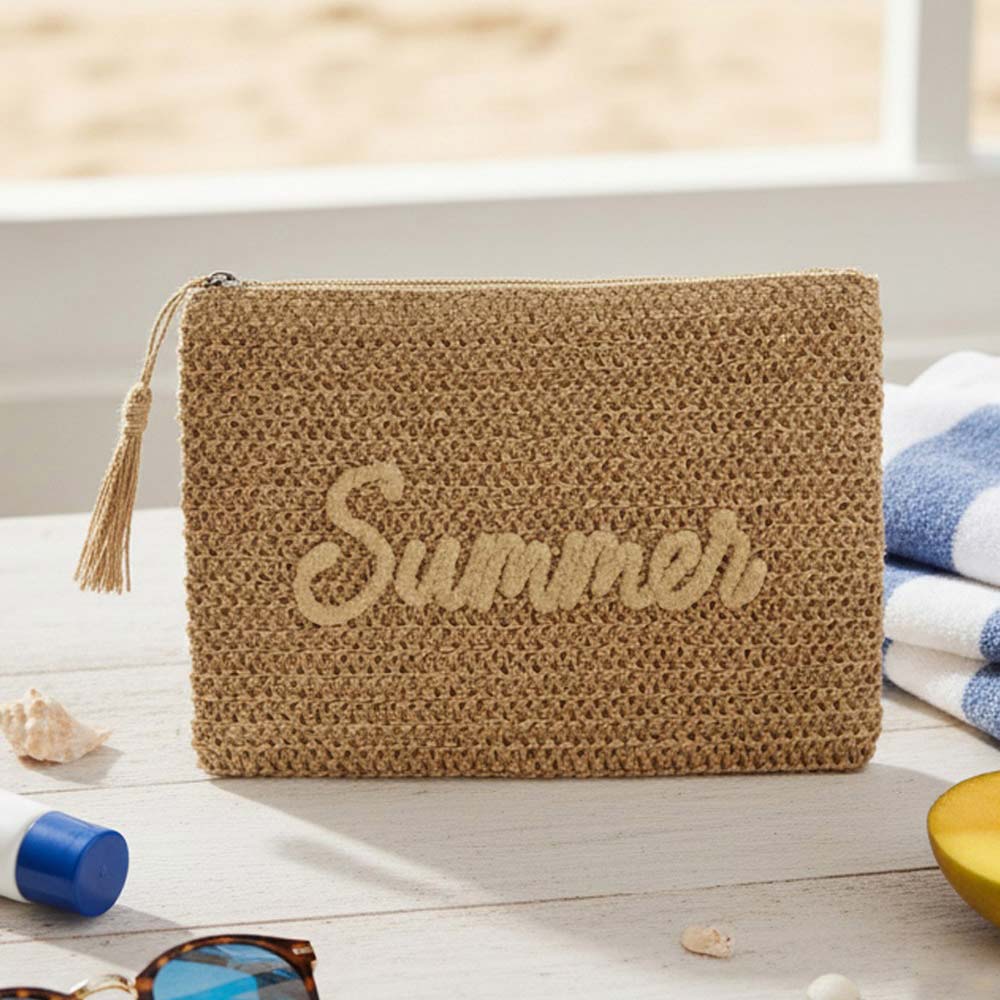 Madeline Love Tan SUMMER Embroidery Woven Straw Pouch Bag - Bags & Wallets