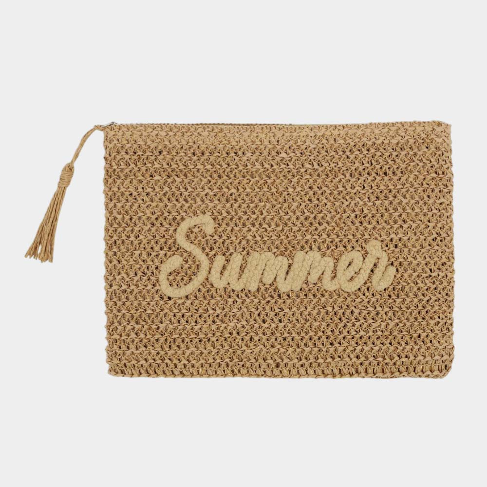 Madeline Love Tan SUMMER Embroidery Woven Straw Pouch Bag - Bags & Wallets - desc