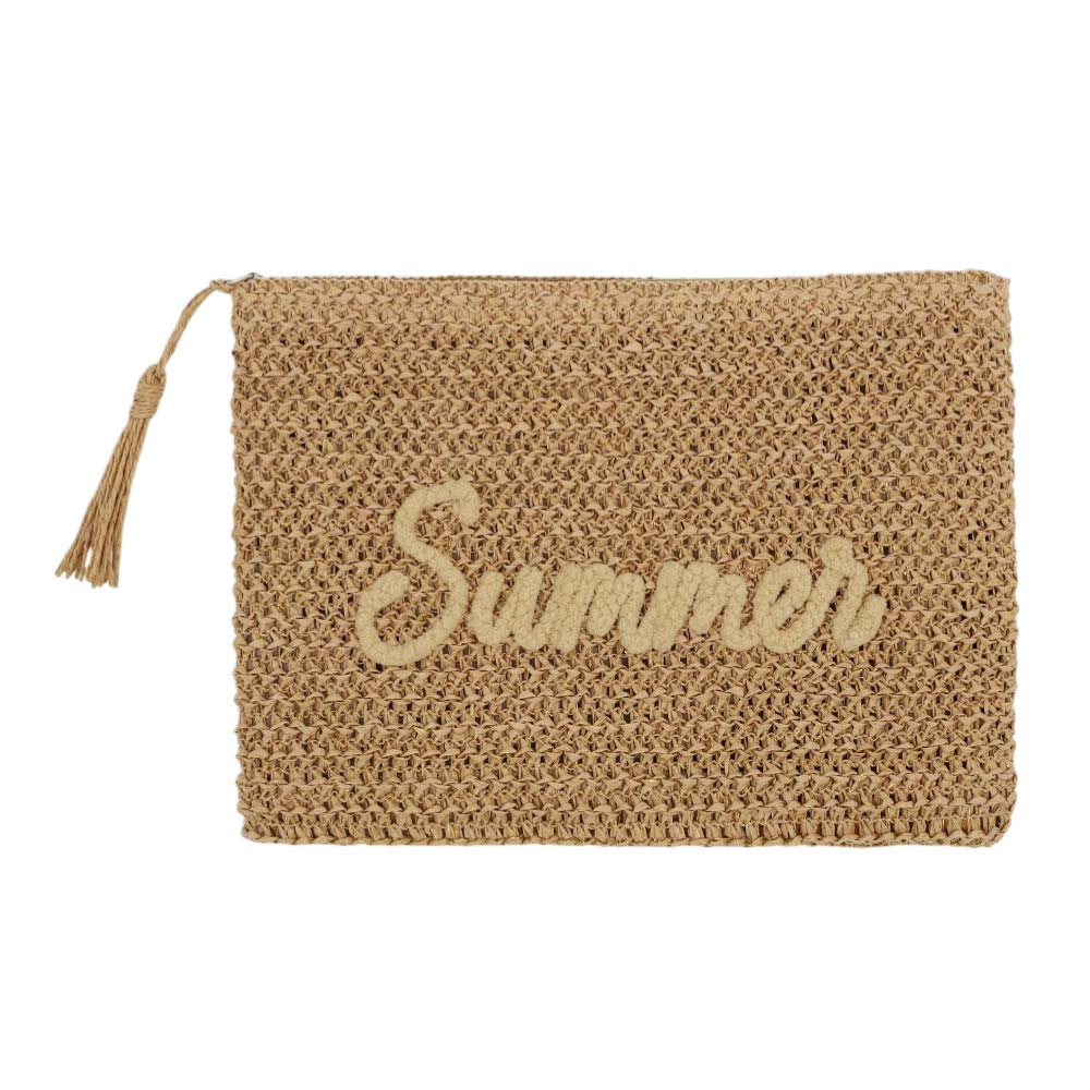 Madeline Love Tan SUMMER Embroidery Woven Straw Pouch Bag - Bags & Wallets - extra