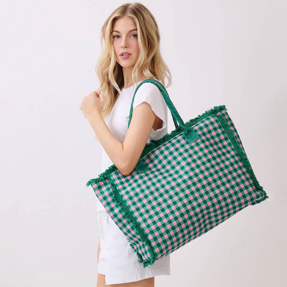 Madeline Love Pink&Green Gingham Check Terry Cloth Frayed Shoulder Tote Bag - Bags & Wallets
