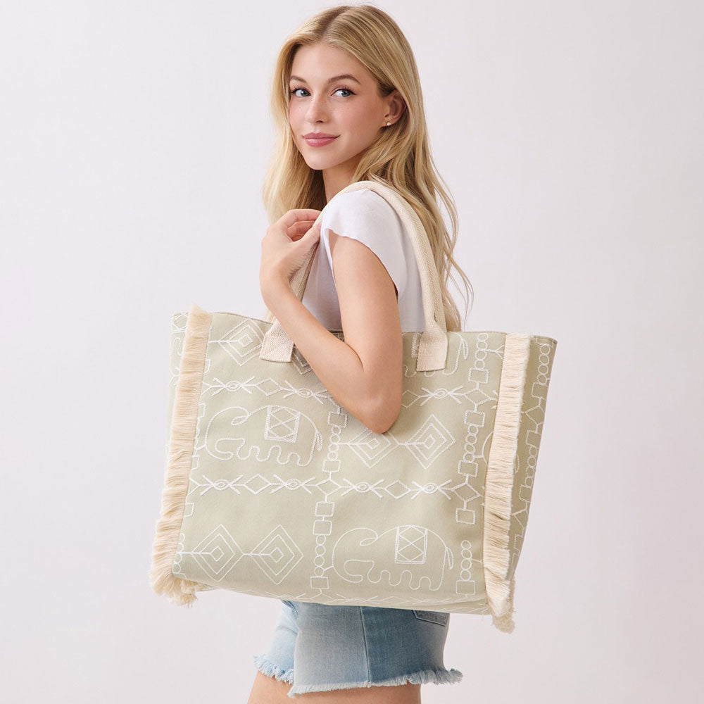Madeline Love Olive Green Boho Geometric Elephant Print Fringe Tote Bag - Bags & Wallets