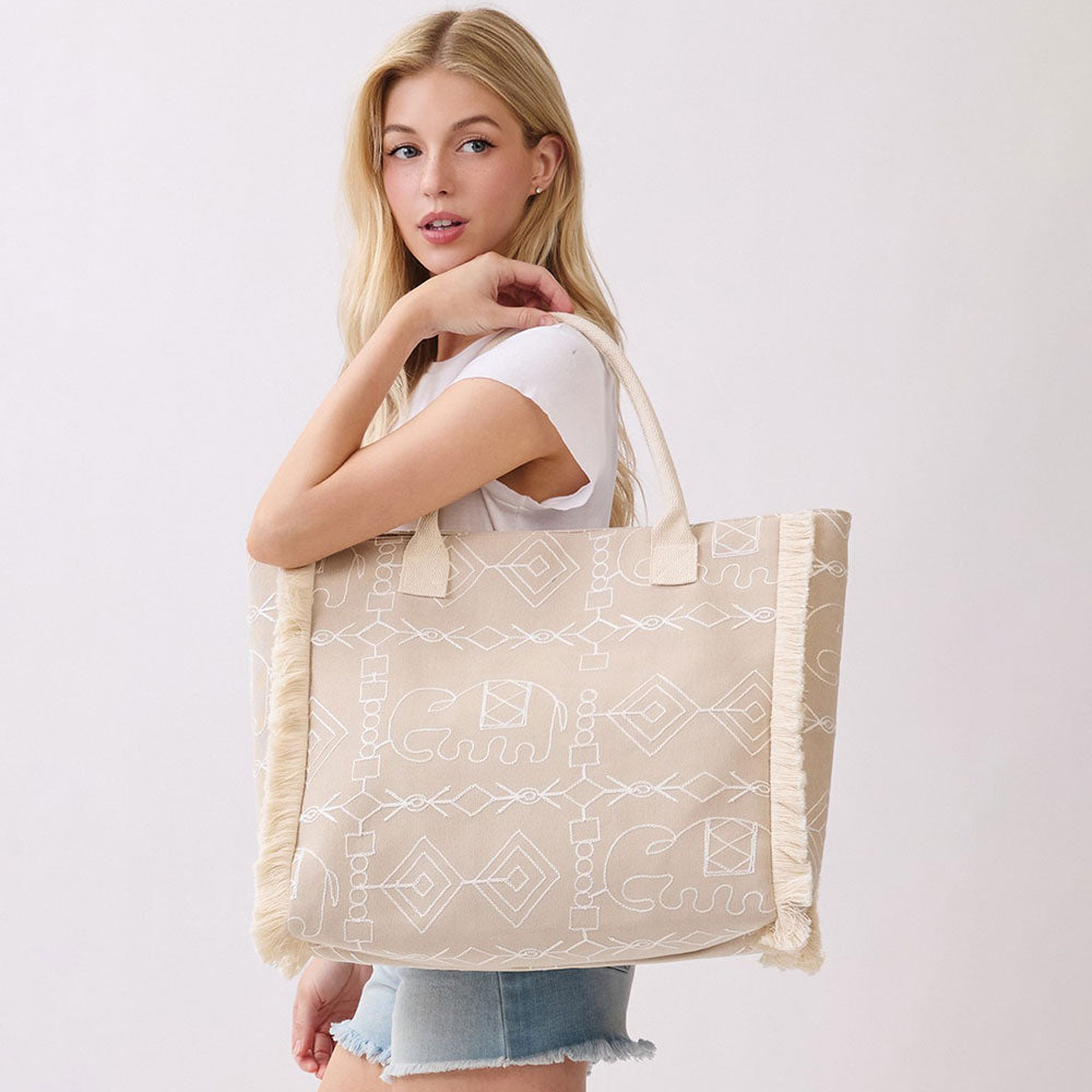 Madeline Love Taupe Boho Geometric Elephant Print Fringe Tote Bag - Bags & Wallets