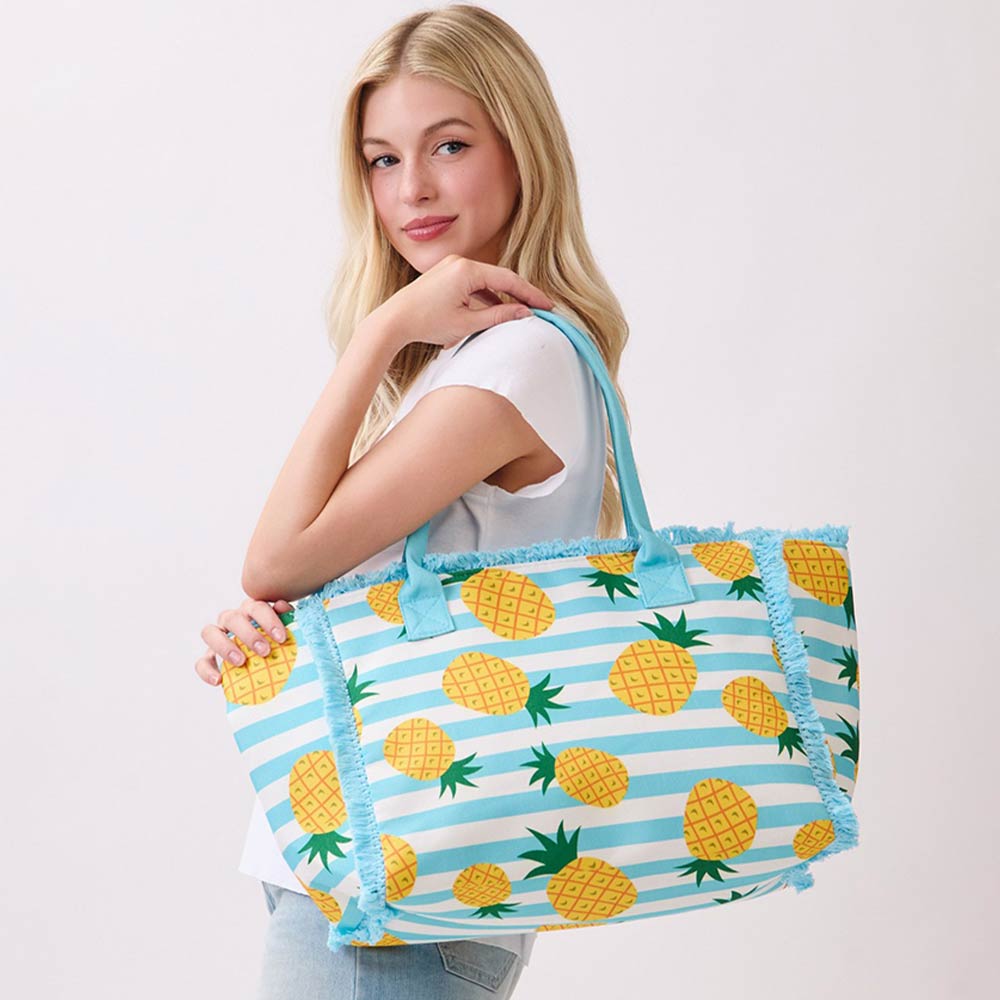 Madeline Love Blue Pineapple Pattern Stripe Fringe Trim Shoulder Tote Bag - Bags & Wallets