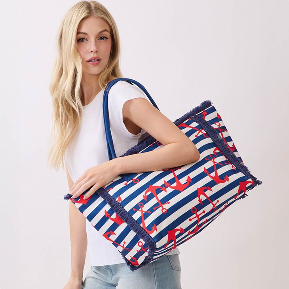 Madeline Love Navy Anchor Pattern Stripe Fringe Trim Shoulder Tote Bag - Bags & Wallets