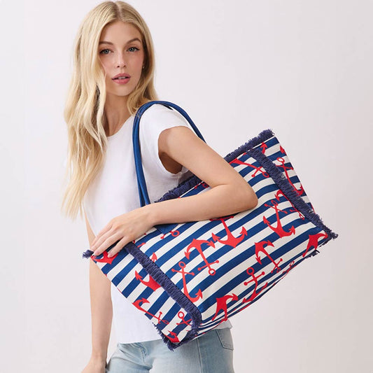Madeline Love Navy Anchor Pattern Stripe Fringe Trim Shoulder Tote Bag - Bags & Wallets
