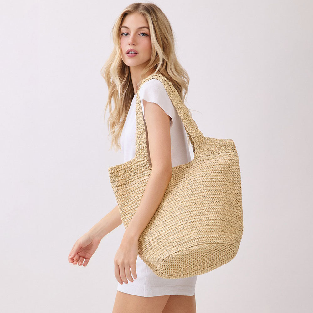 Madeline Love Beige Round Bottom Handmade Strap Woven Straw Tote Bag - Bags & Wallets