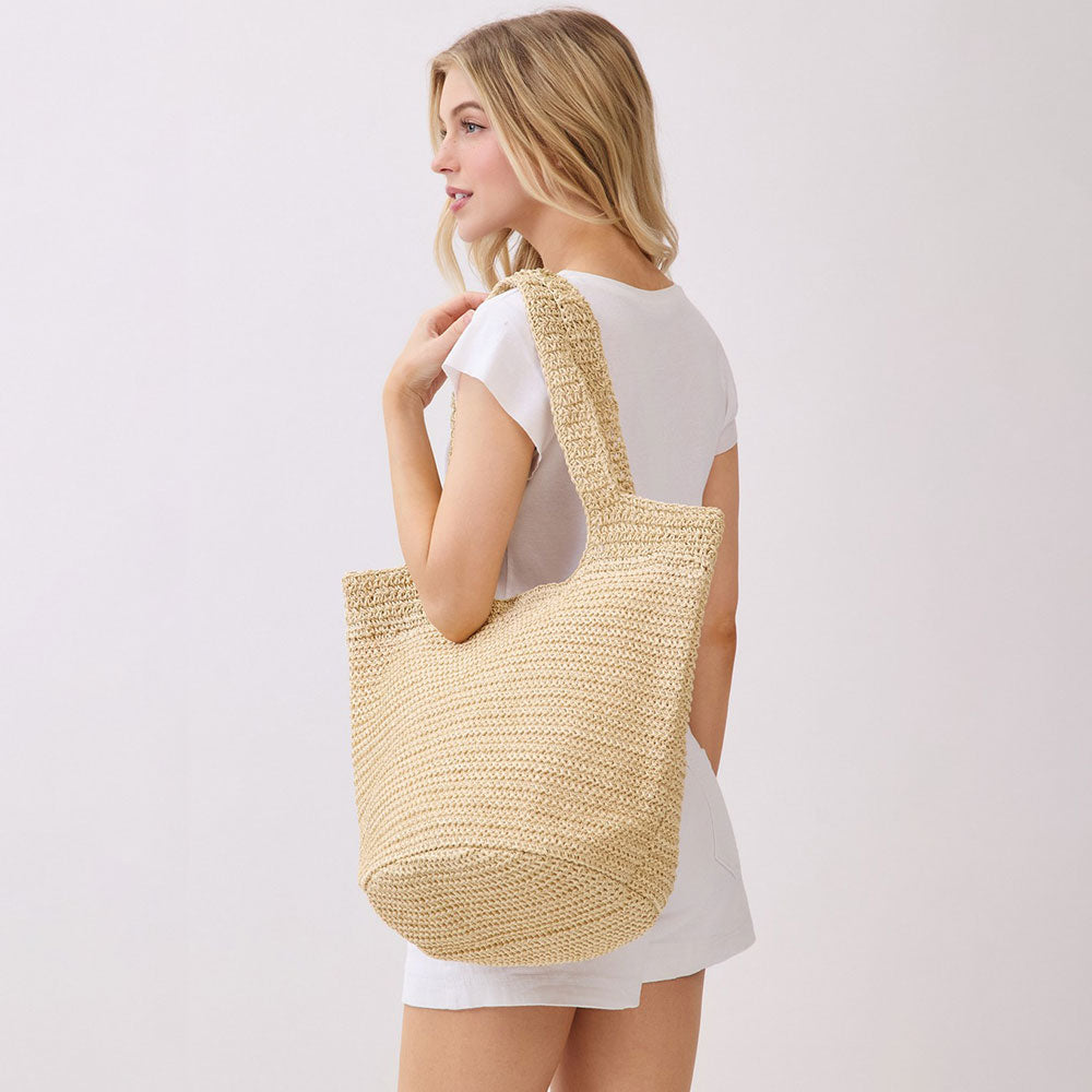 Madeline Love Beige Round Bottom Handmade Strap Woven Straw Tote Bag - Bags & Wallets - extra
