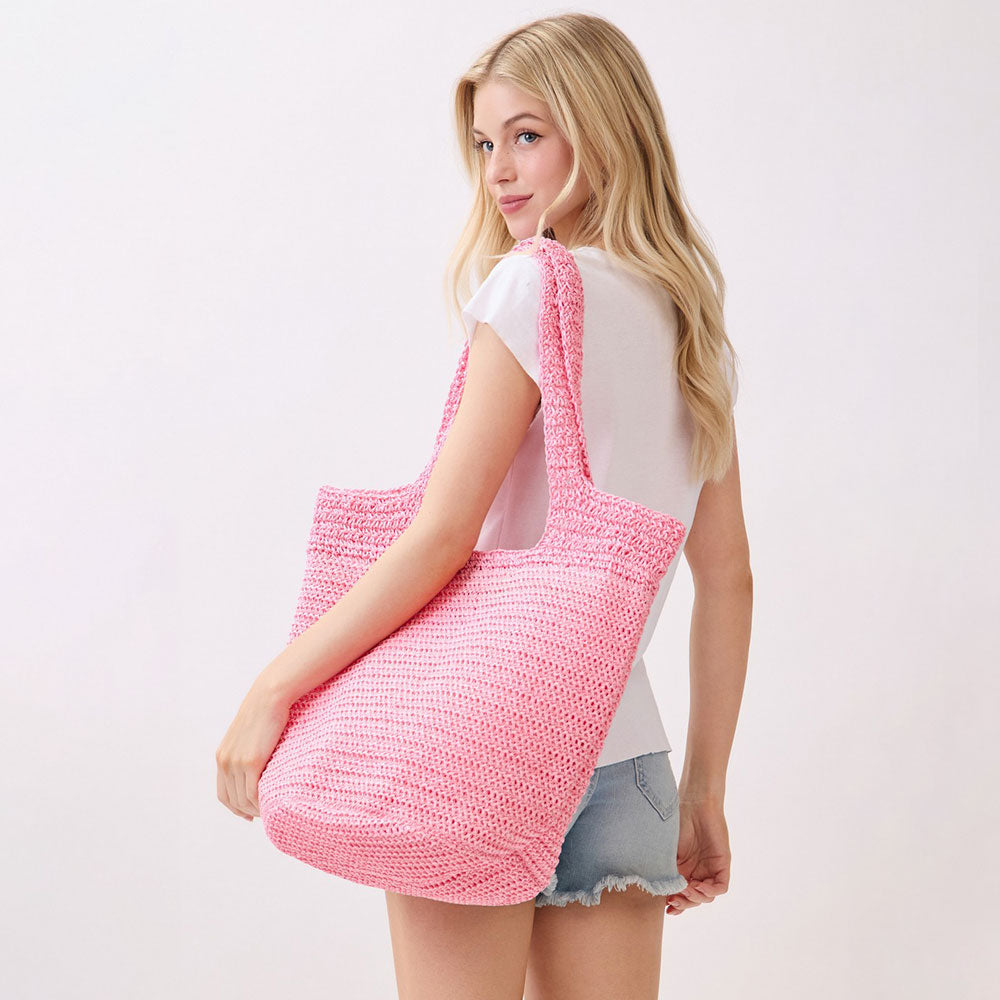 Madeline Love Hot Pink Round Bottom Handmade Strap Woven Straw Tote Bag - Bags & Wallets - desc