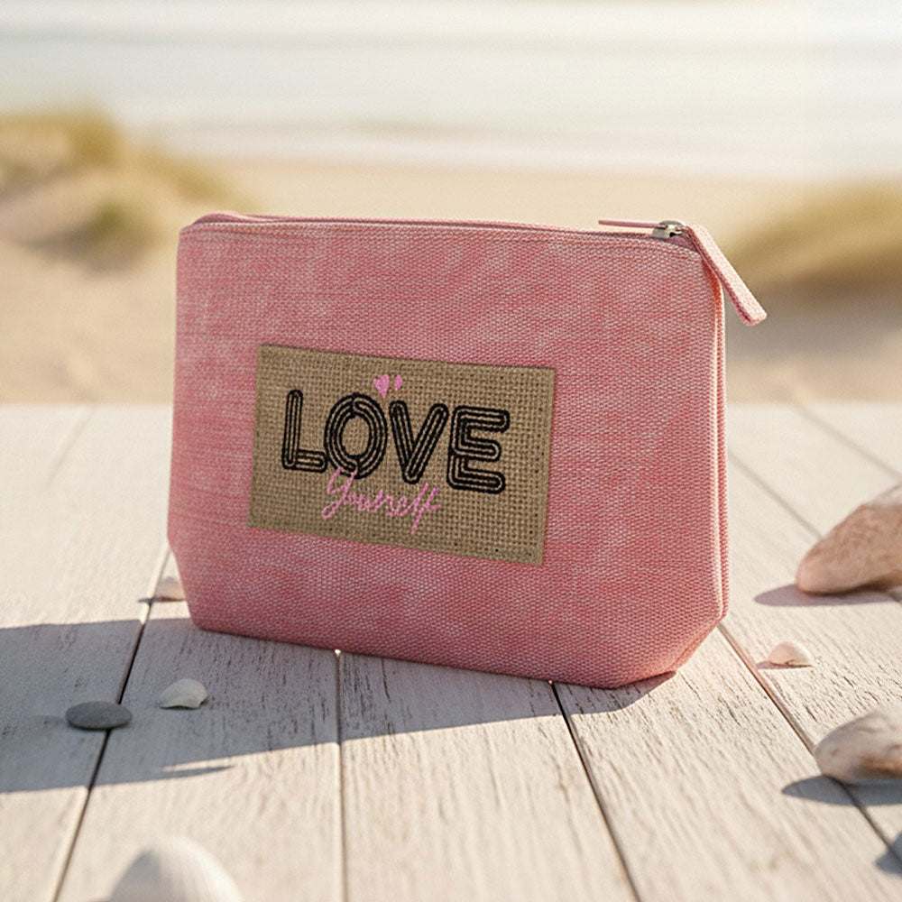 Madeline Love Pink Vintage Message Patch Cosmetic Pouch Bag - Bags & Wallets